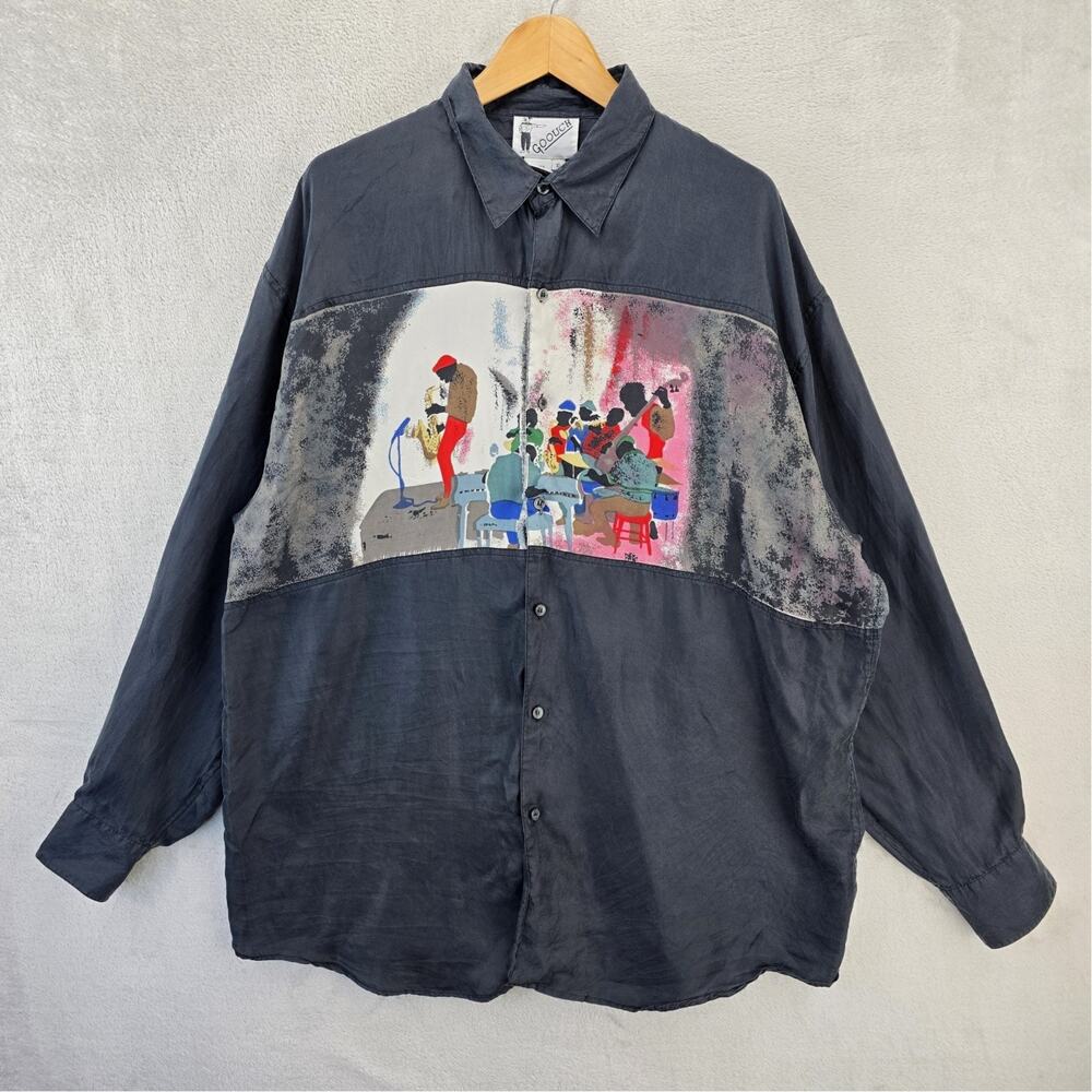 Vtg Goouch Silk Shirt Mens XL Jazz Band Abstract Art Geometric Retro Black 90s